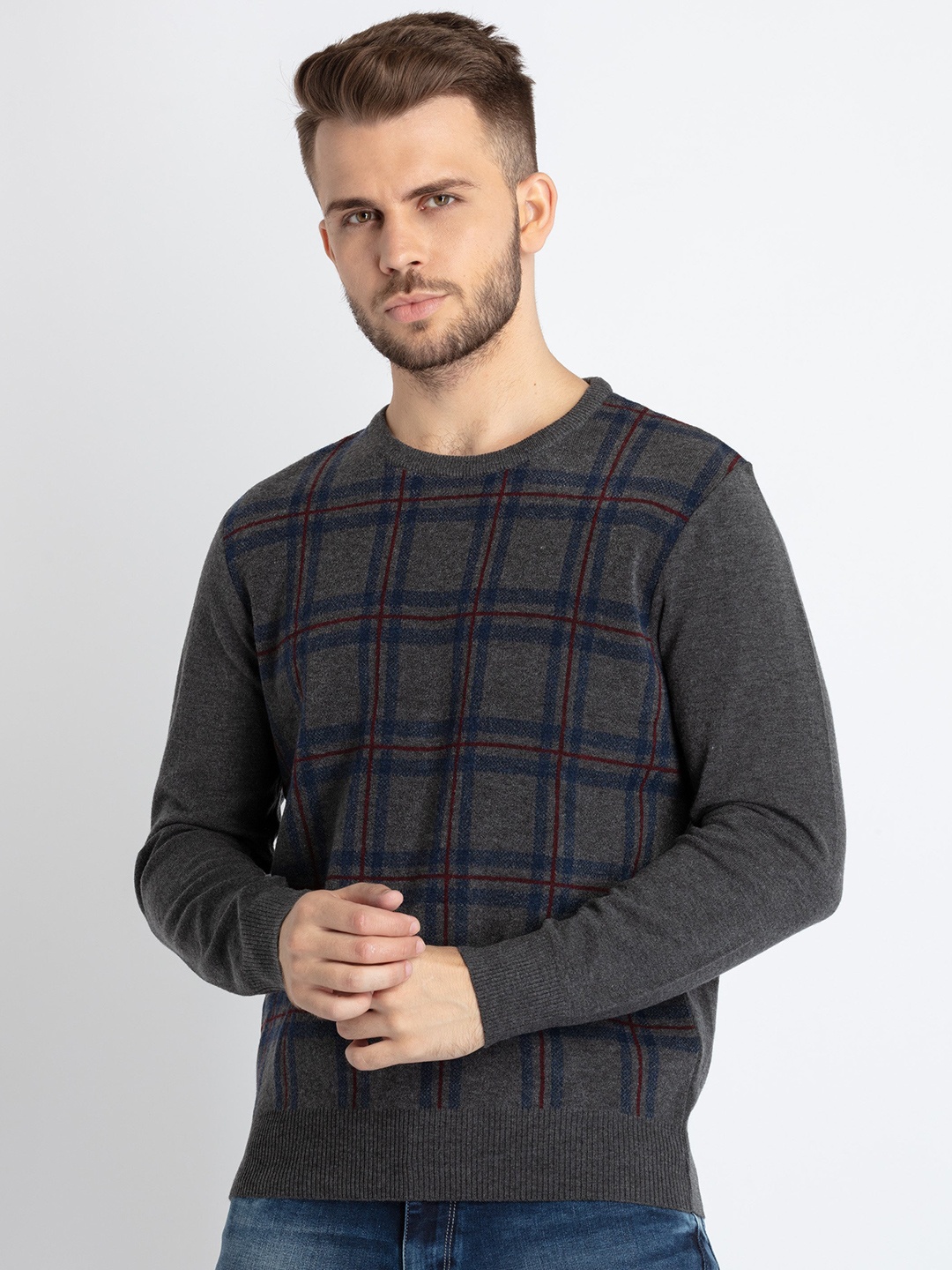 

Status Quo Checked Round Neck Pullover, Grey