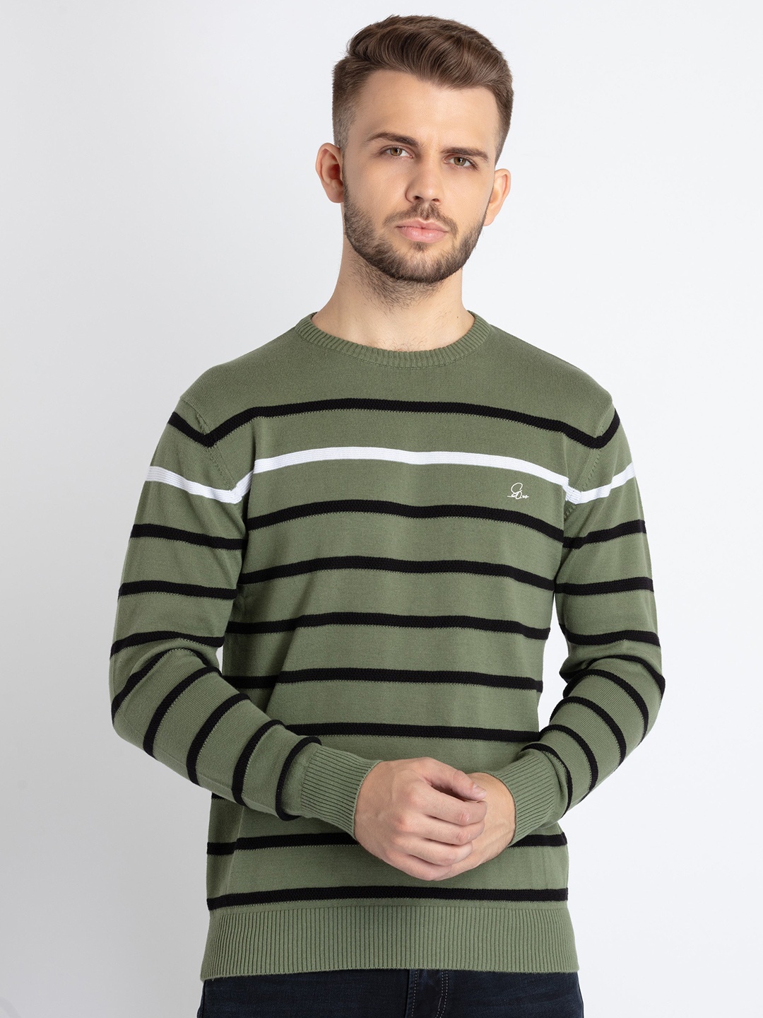 

Status Quo Striped Round Neck Pullover, Green