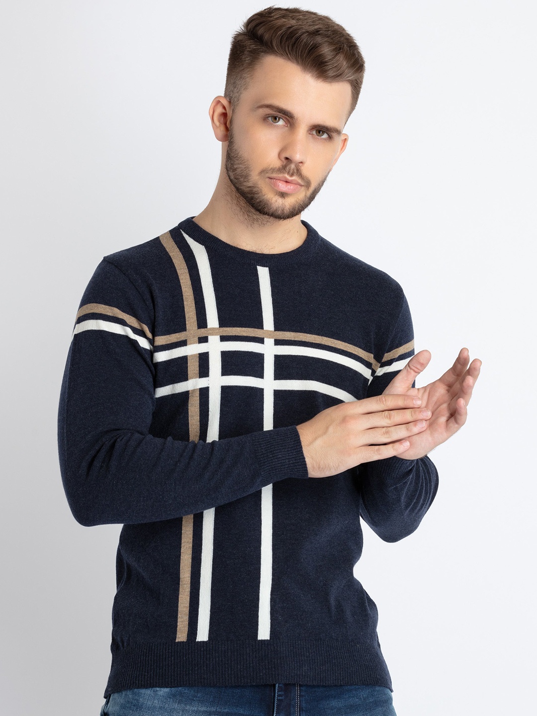 

Status Quo Checked Round Neck Pullover, Navy blue