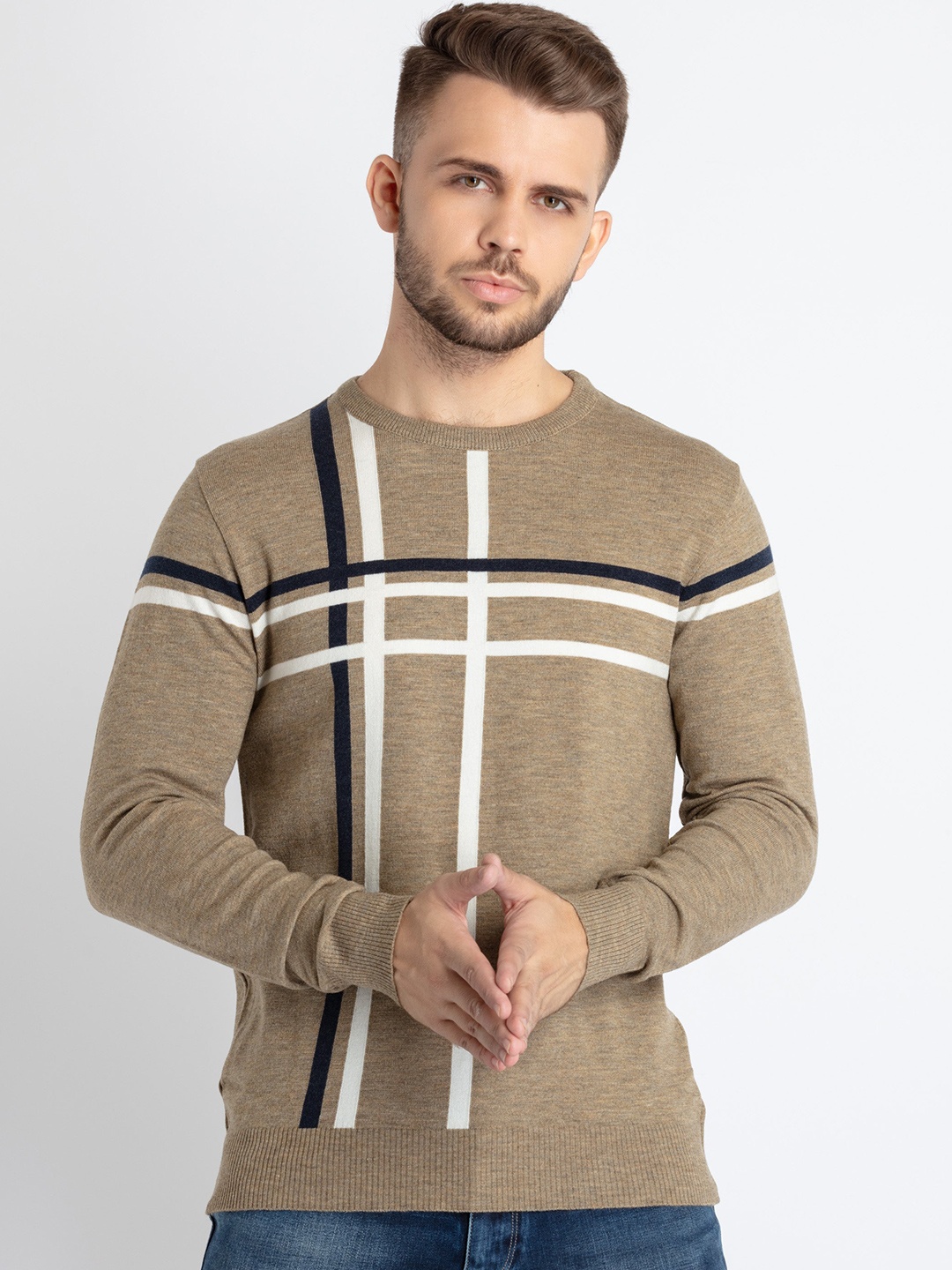

Status Quo Checked Round Neck Pullover, Coffee brown