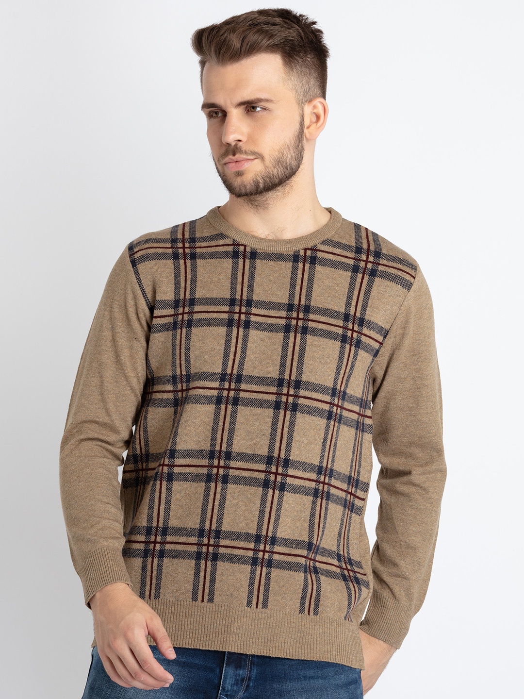 

Status Quo Checked Round Neck Pullover, Khaki