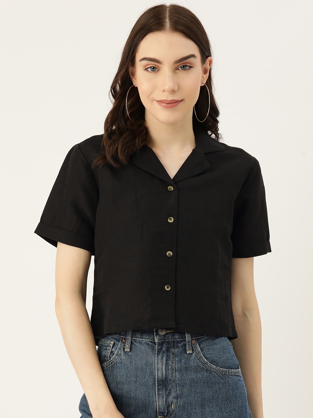 

LABEL REGALIA Women Solid Opaque Linen Blend Casual Shirt, Black
