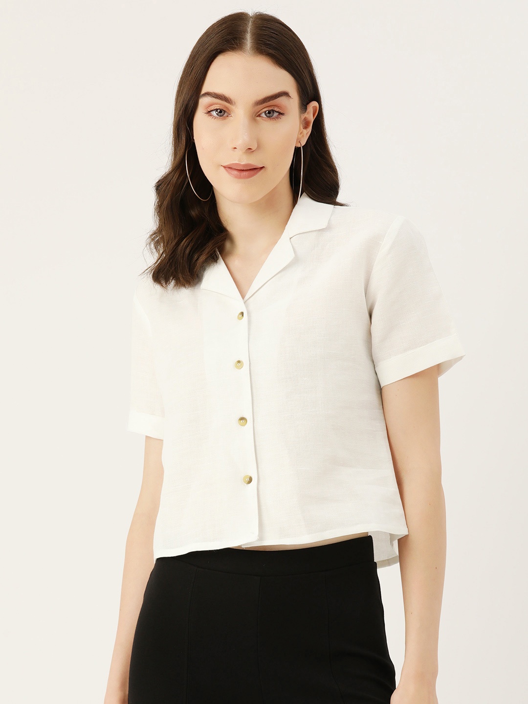 

LABEL REGALIA Women Solid Opaque Linen Blend Casual Shirt, White