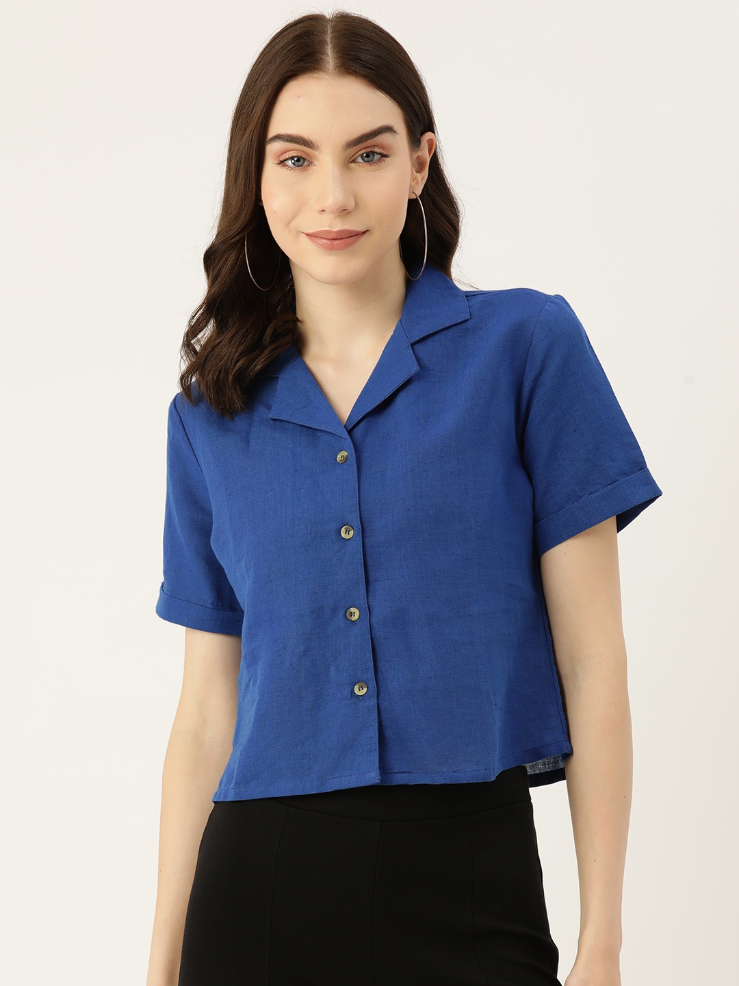 

LABEL REGALIA Women Solid Opaque Linen Blend Casual Shirt, Blue