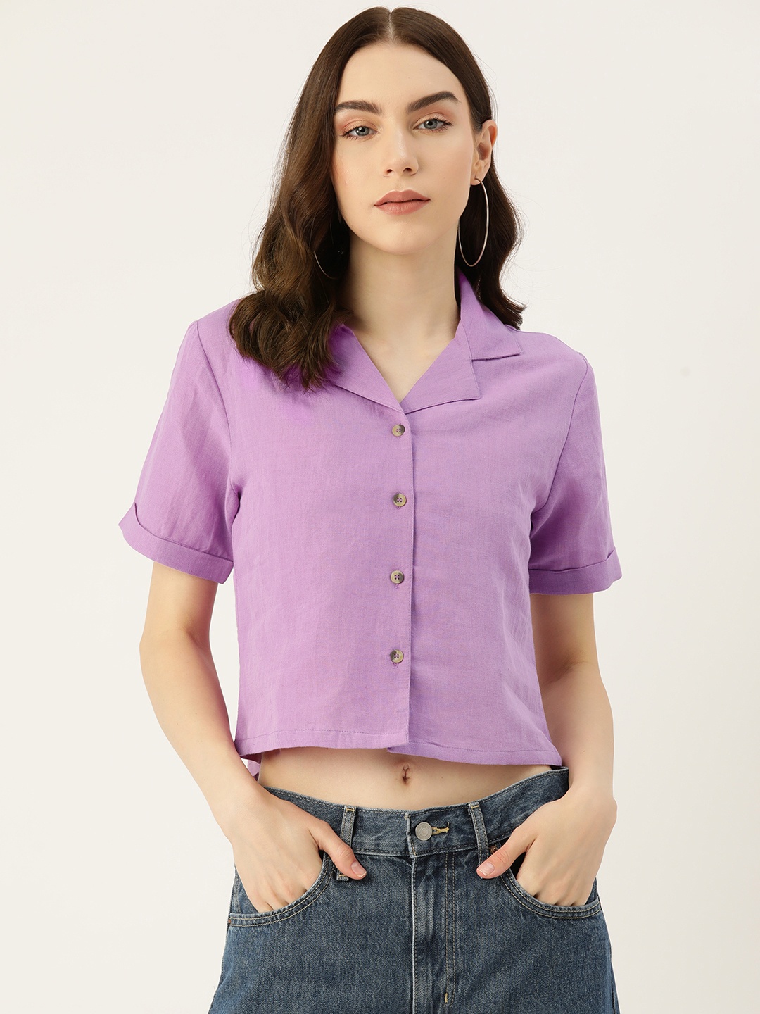 

LABEL REGALIA Women Opaque Linen Blend Cropped Casual Shirt, Lavender