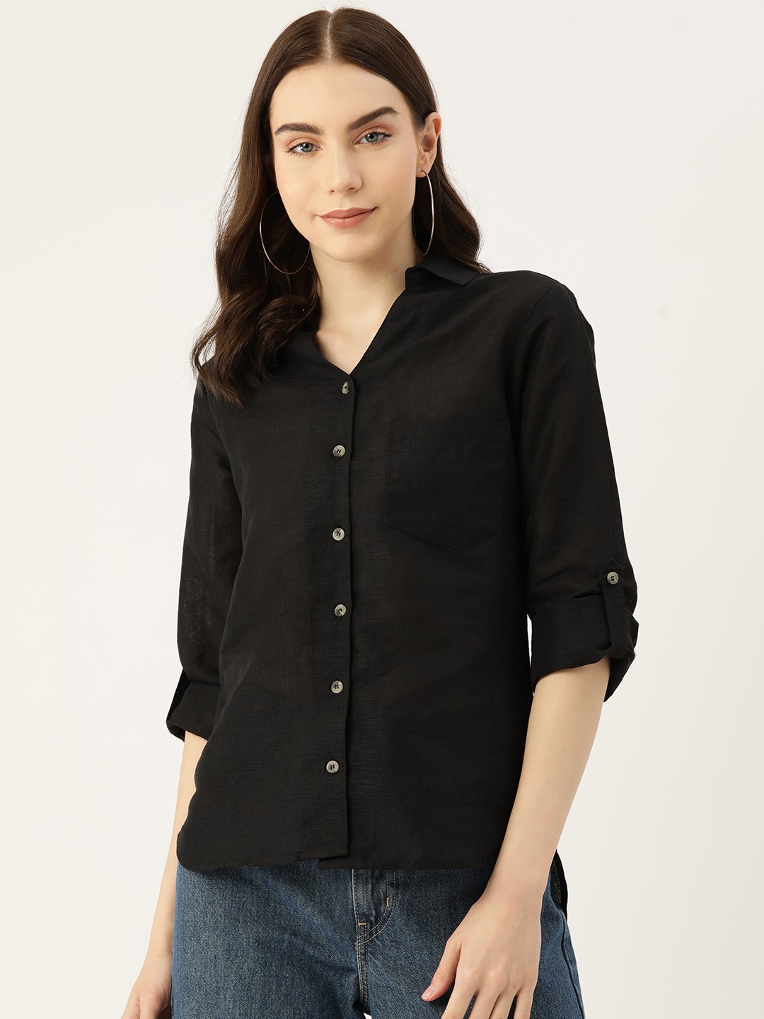 

LABEL REGALIA Women Solid Opaque Linen Blend Casual Shirt, Black