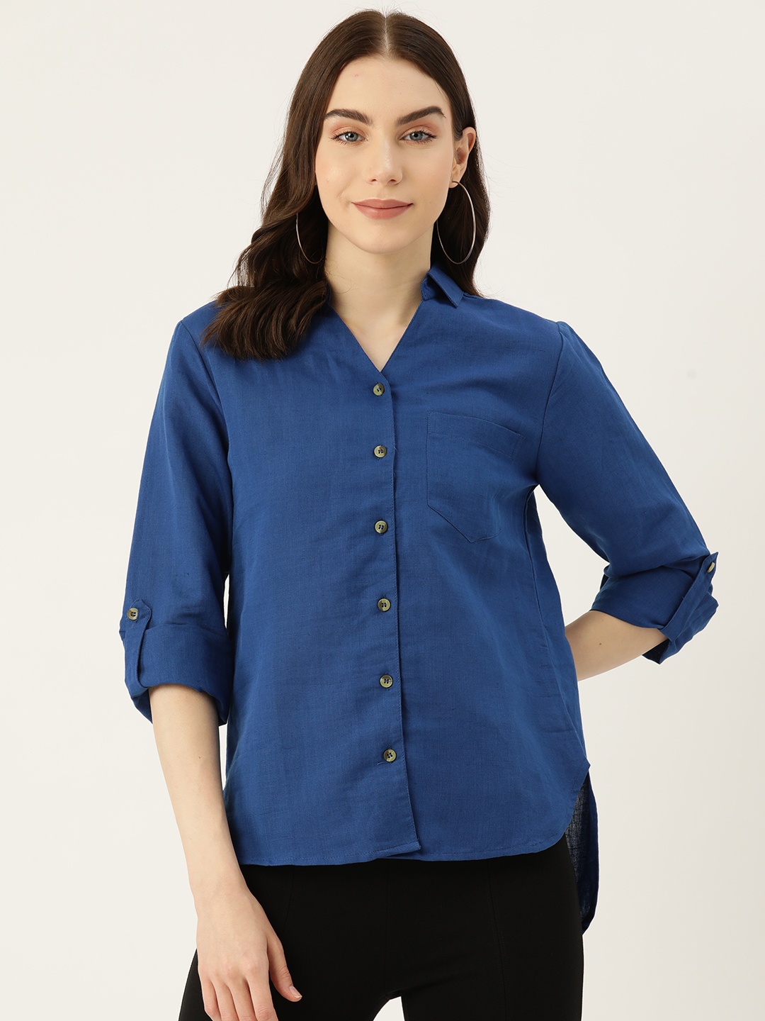 

LABEL REGALIA Women Solid Opaque Linen Blend Casual Shirt, Blue
