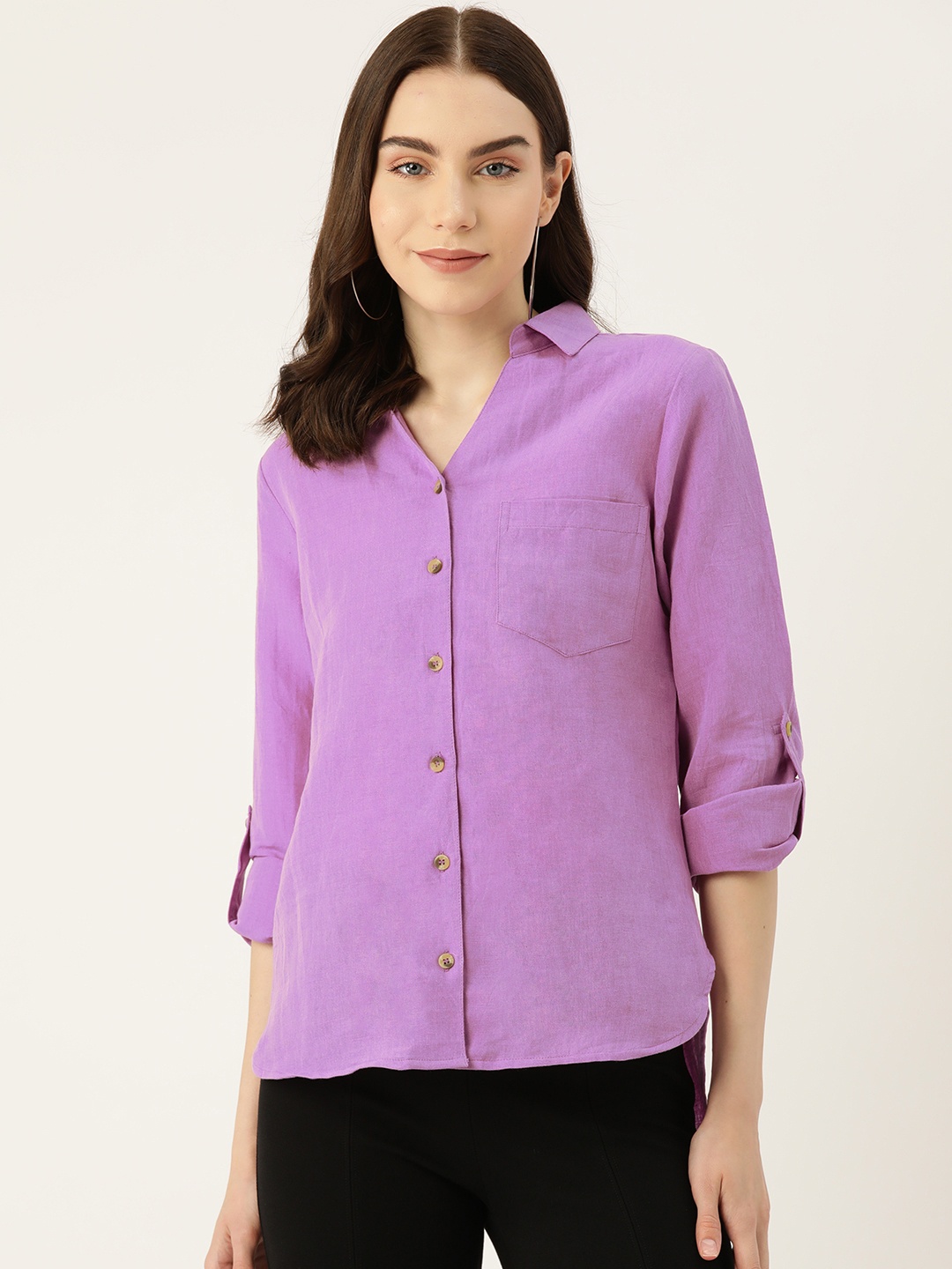 

LABEL REGALIA Women Solid Opaque Linen Blend Casual Shirt, Lavender