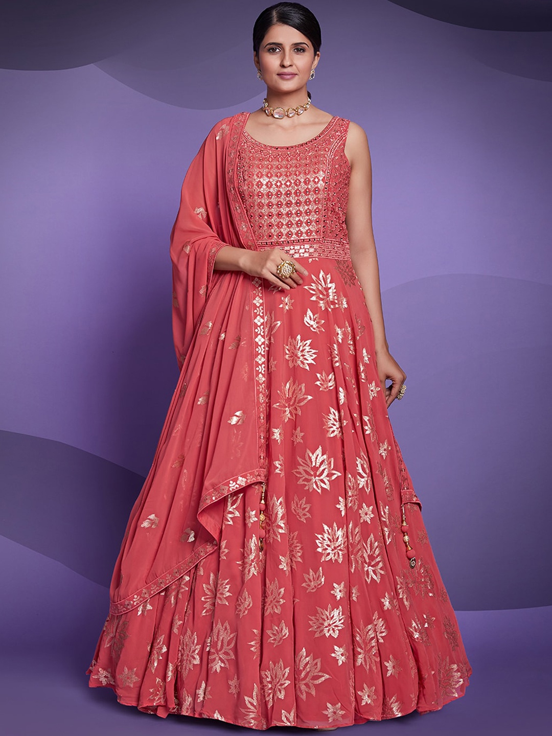 

Fusionic Floral Foil Printed Sequinned Georgette Ethnic Dress With Dupatta, Coral