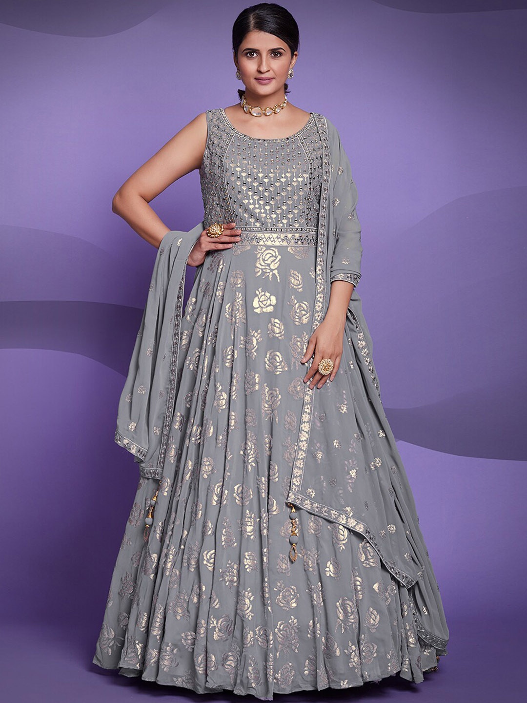 

Fusionic Floral Foil Printed Mirror Work Georgette Ethnic Dress With Dupatta, Grey
