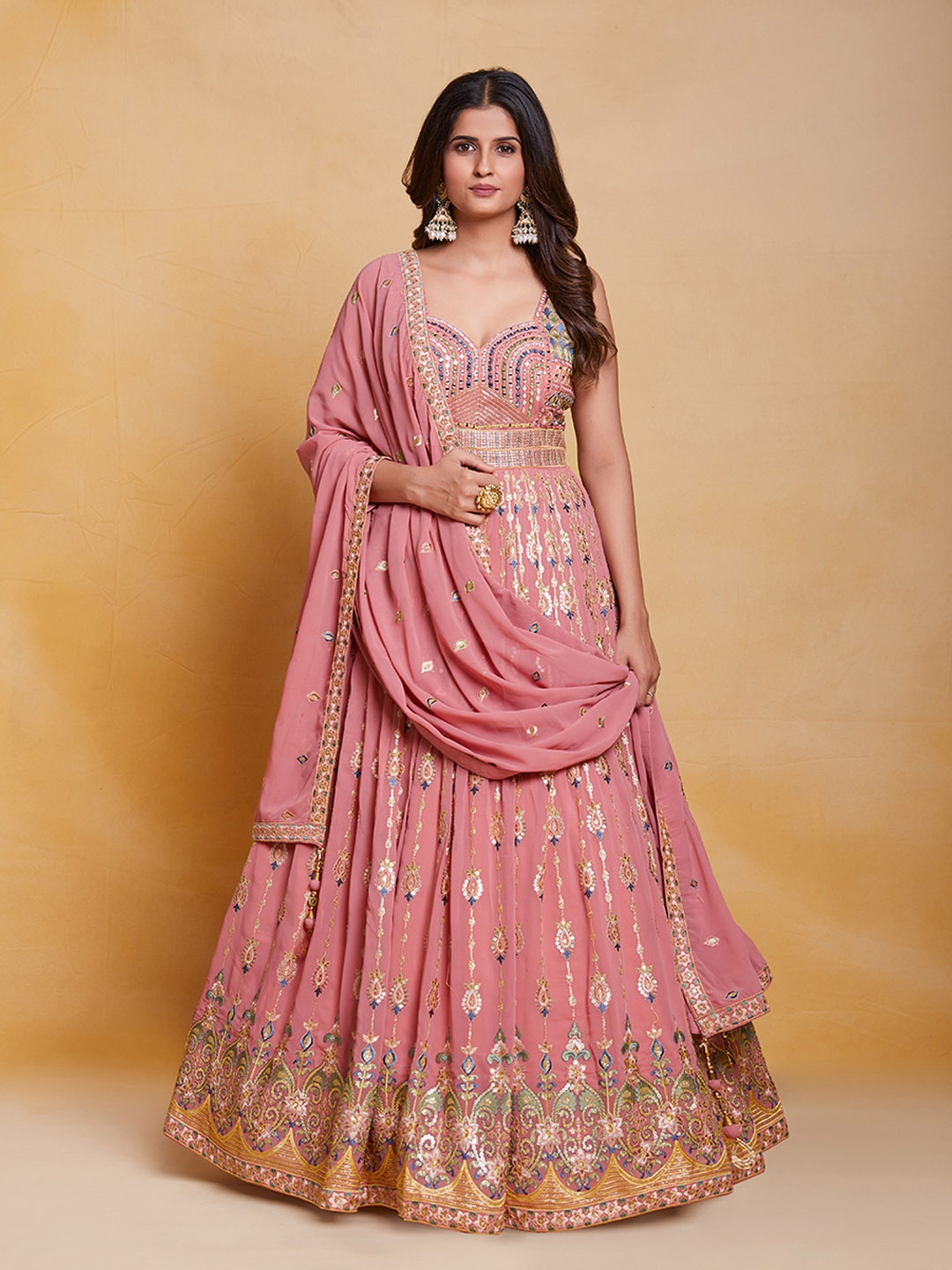

Fusionic Ethnic Motif Embroidered Georgette Sweetheart Neck Sequinned Ethnic Dress&Dupatta, Pink