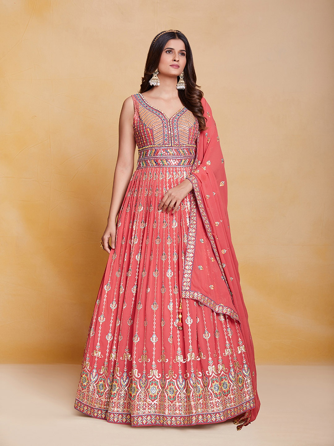 

Fusionic Ethnic Motif Embroidered GeorgetteSweetheart Neck Sequinned Ethnic Dress &Dupatta, Coral