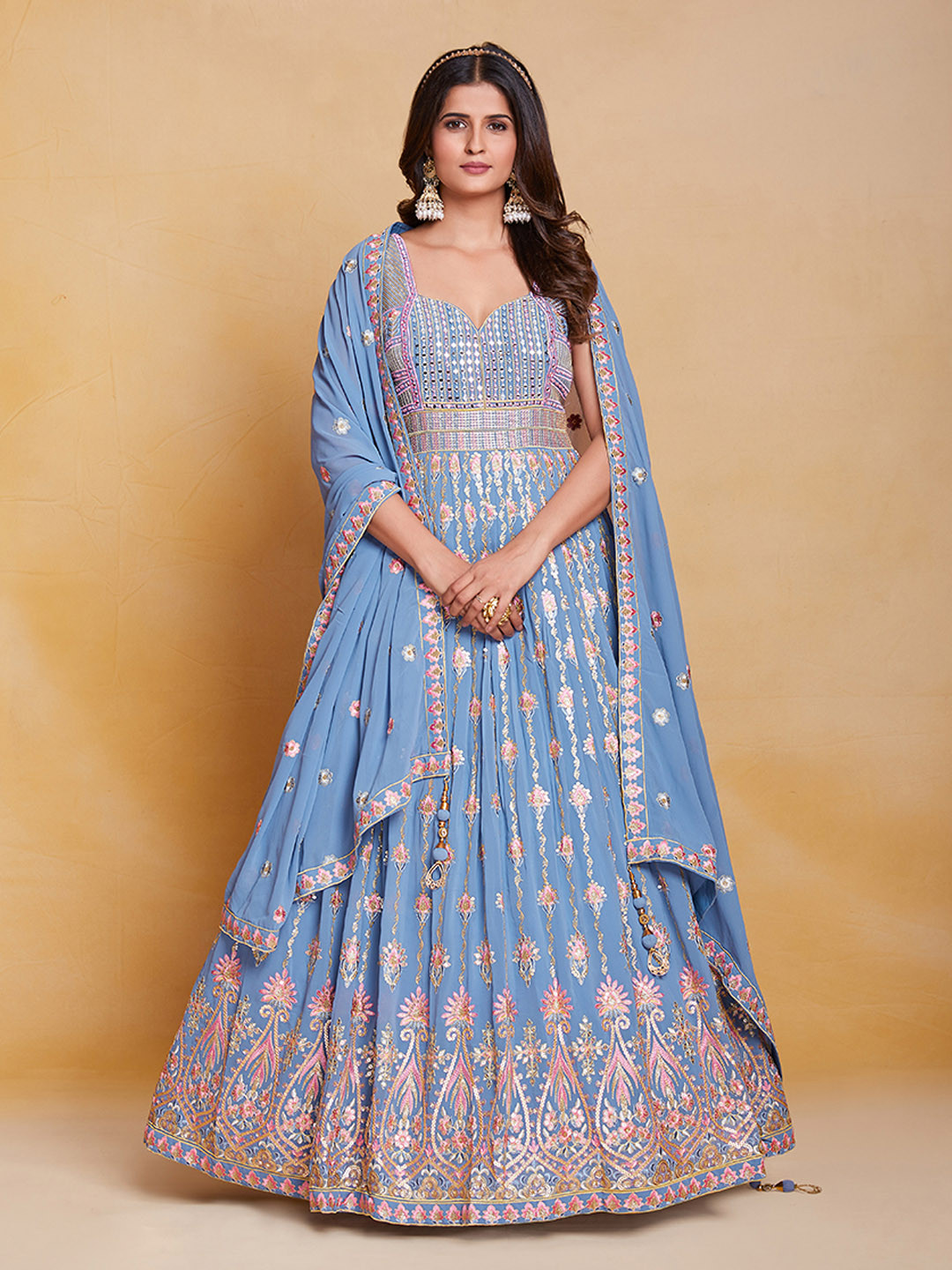 

Fusionic Ethnic Motif Embroidered Georgette Sweetheart Neck Sequinned Ethnic Dress&Dupatta, Blue