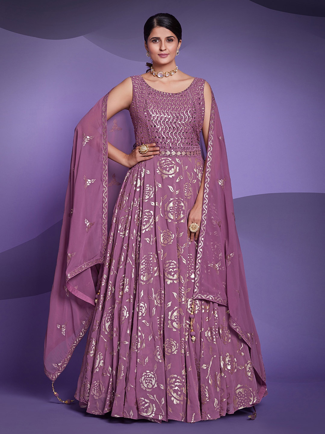 

Fusionic Ethnic Foil Printed Mirror Work Georgette Ethnic Dress With Dupatta, Purple