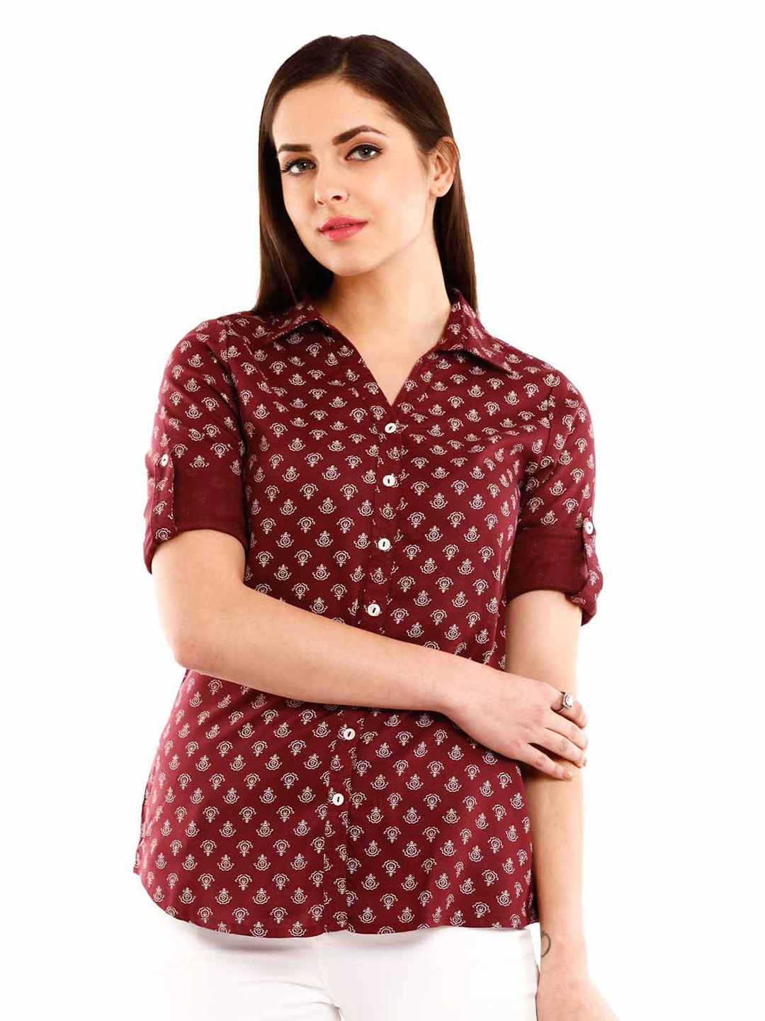 

Mustard Ethnic Motifs Printed Roll-Up Sleeves Linen Shirt Style Top, Maroon
