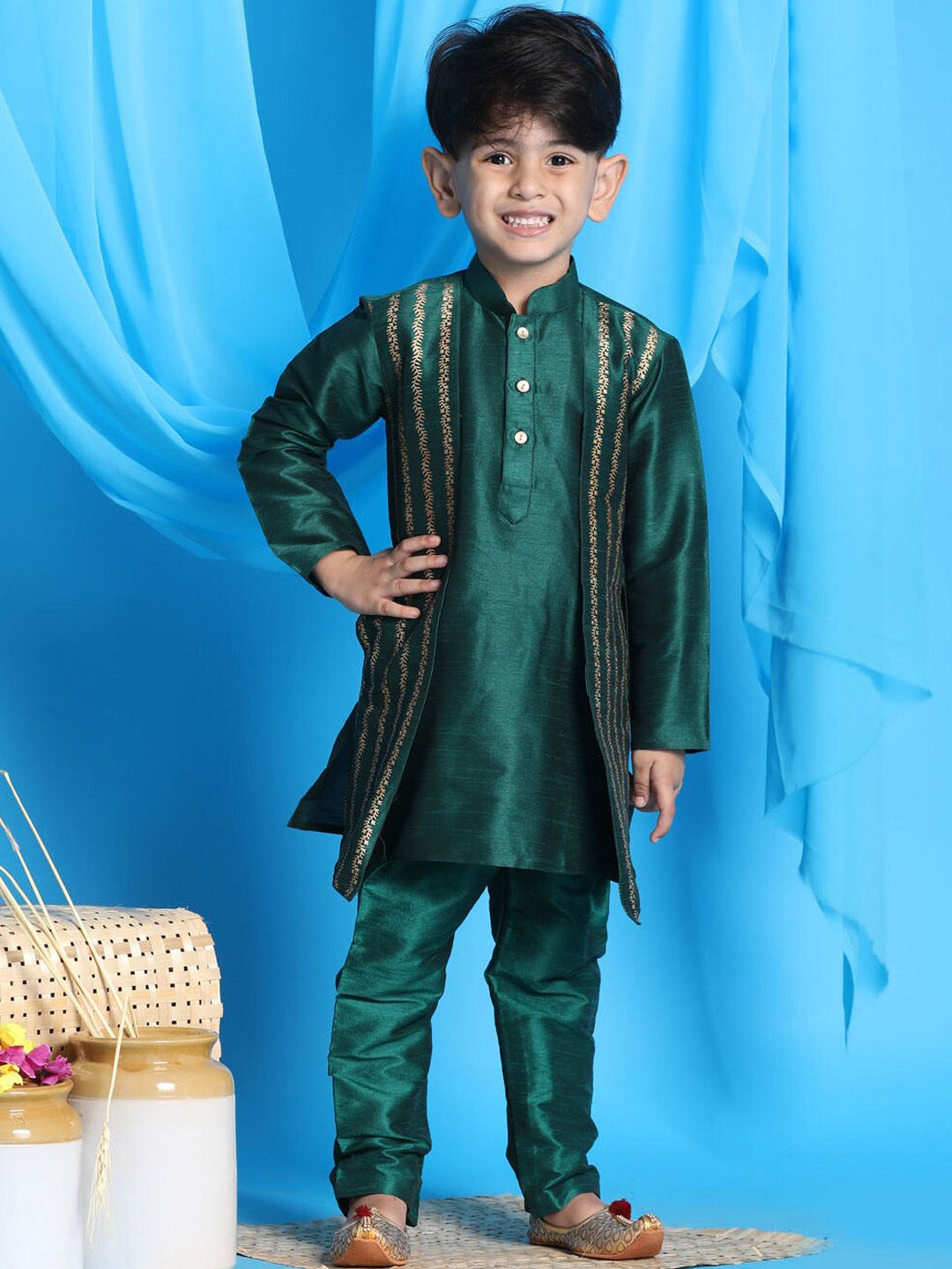 

JBN Creation Boys Ethnic Motifs Printed Panelled Kurta with Pyjamas, Green