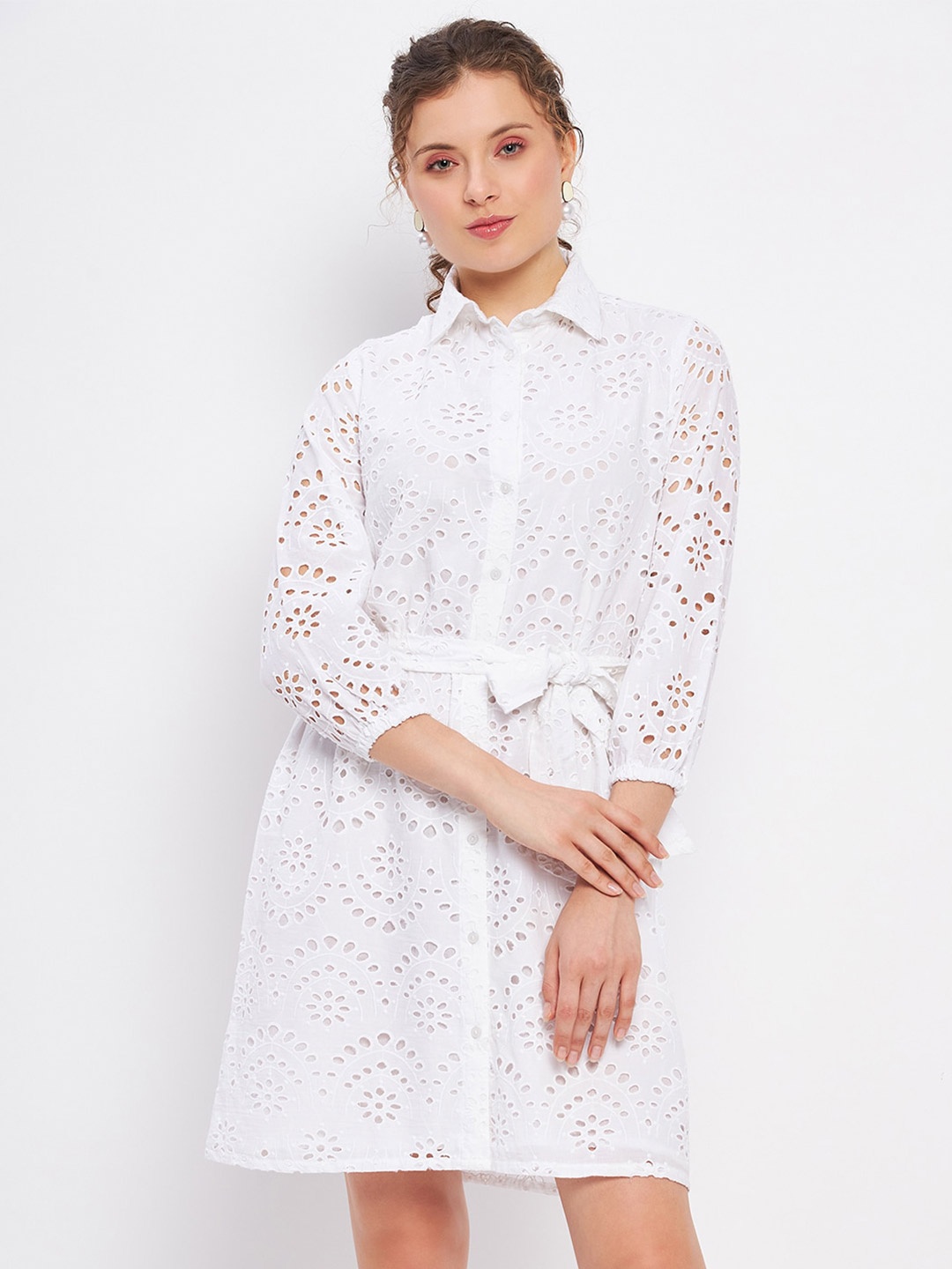 

DELAN Spread Collar Shirt Cotton Dress, White