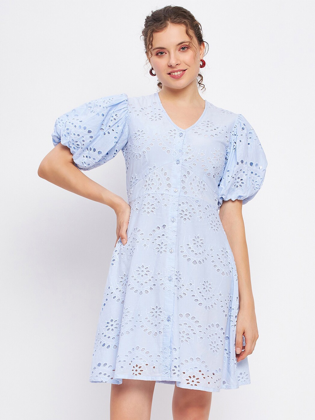 

DELAN Schiffli Puff Sleeve Cotton Fit & Flare Dress, Blue