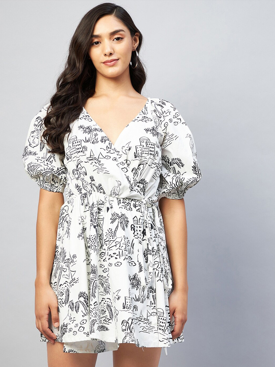 

DELAN Abstract Printed Cotton Fit & Flare Mini Dress, White