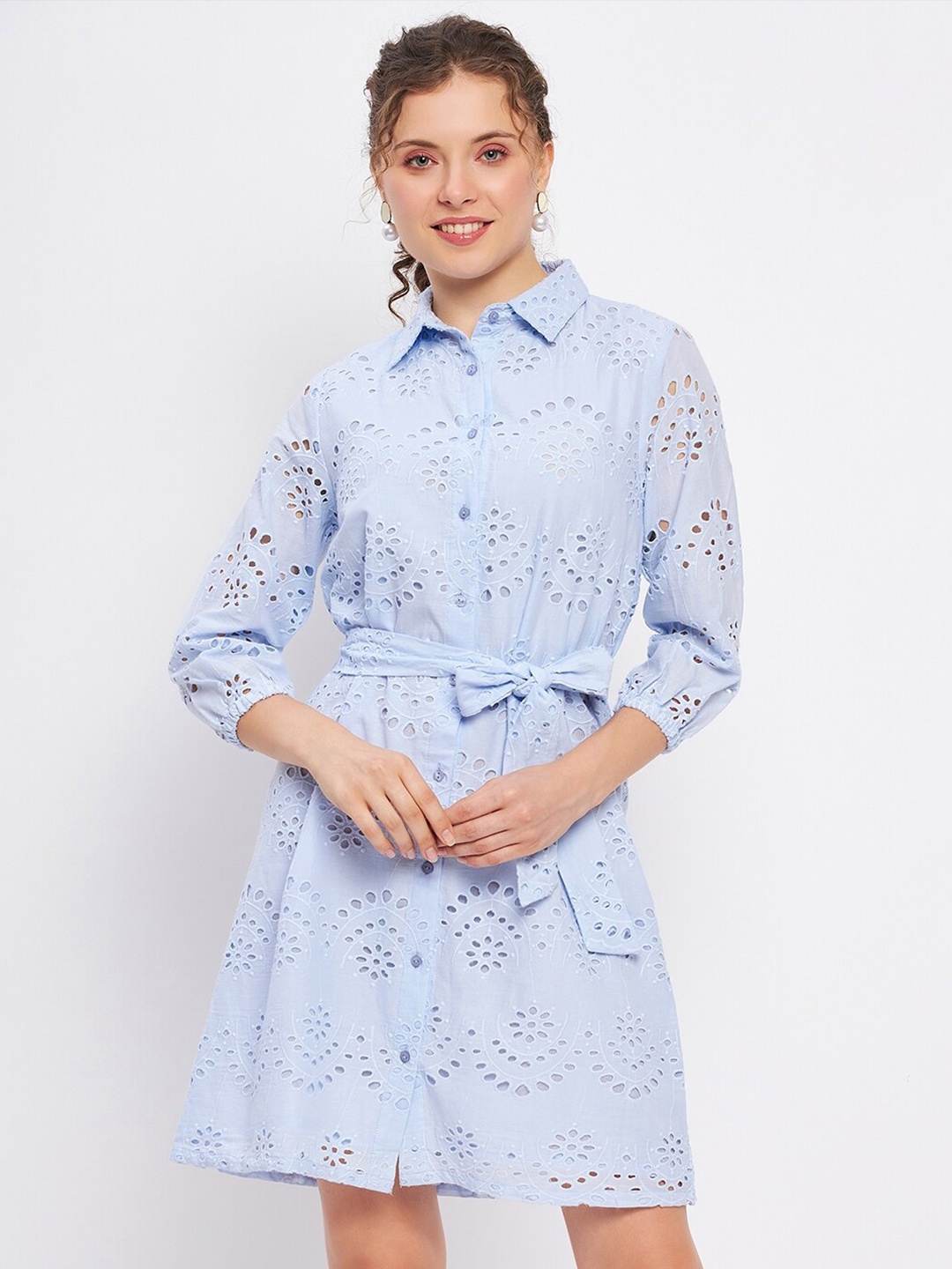 

DELAN Self Designed Spread Collar Cotton Shirt Dress, Blue