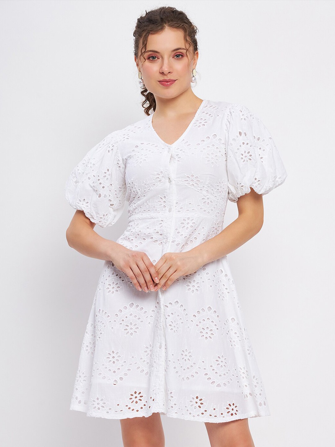 

DELAN V-Neck Puff Sleeves Fit & Flare Cotton Dress, White