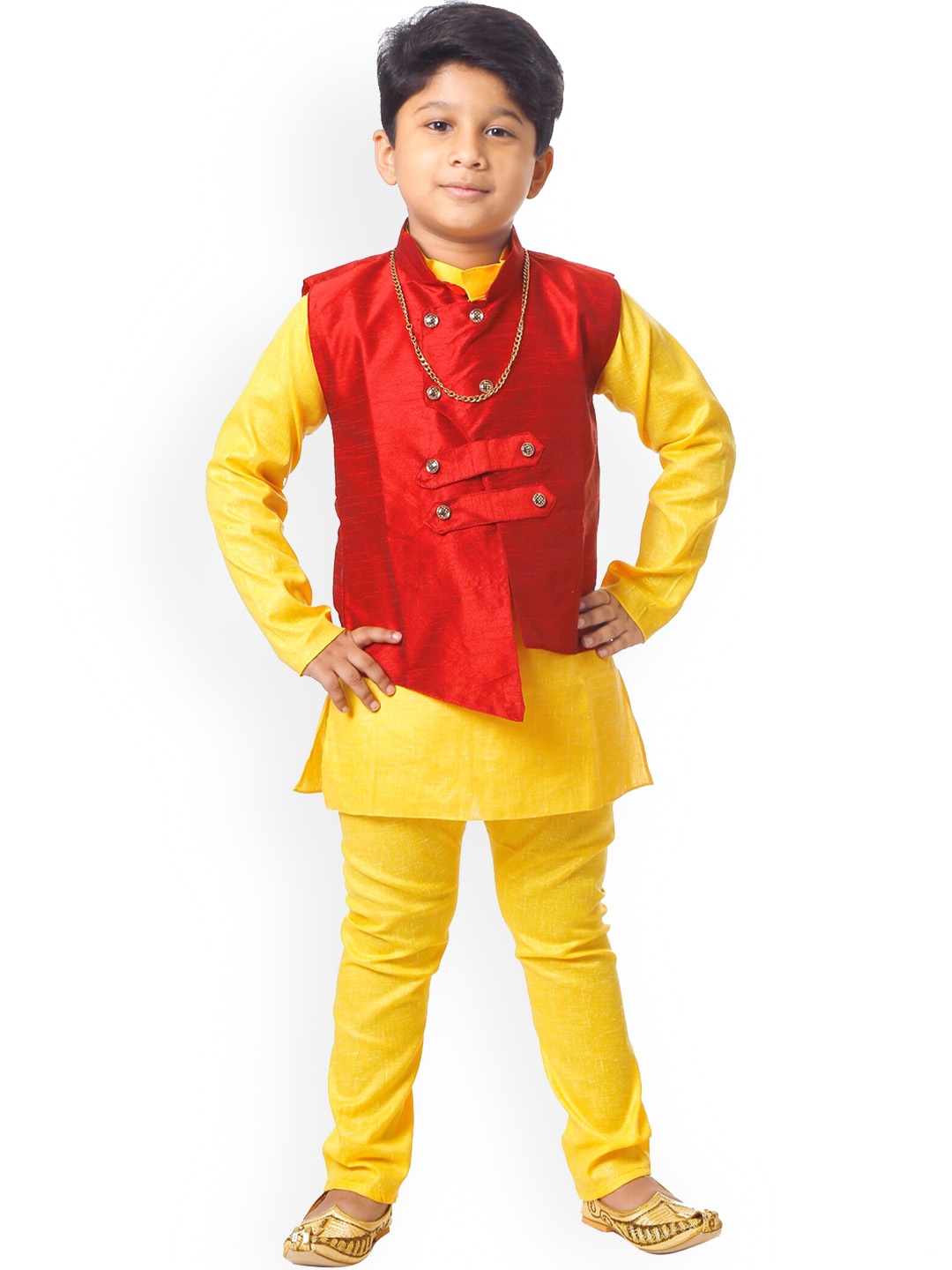 

BAESD Boys Straight Pure Cotton Kurta With Churidar & Nehru Jacket, Yellow