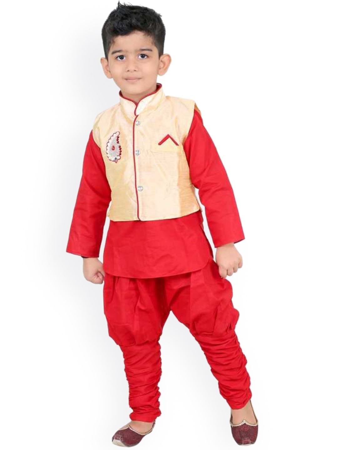 

BAESD Boys Mandarin Collar Patchwork Regular Kurta With Churidar, Red