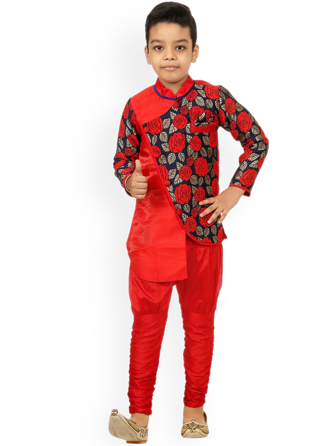 

BAESD Boys Floral Printed Sherwani With Churidar Pant, Red