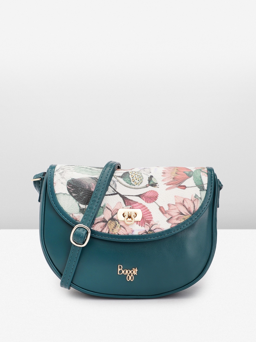 

Baggit Floral Printed Structured Sling Bag, Teal