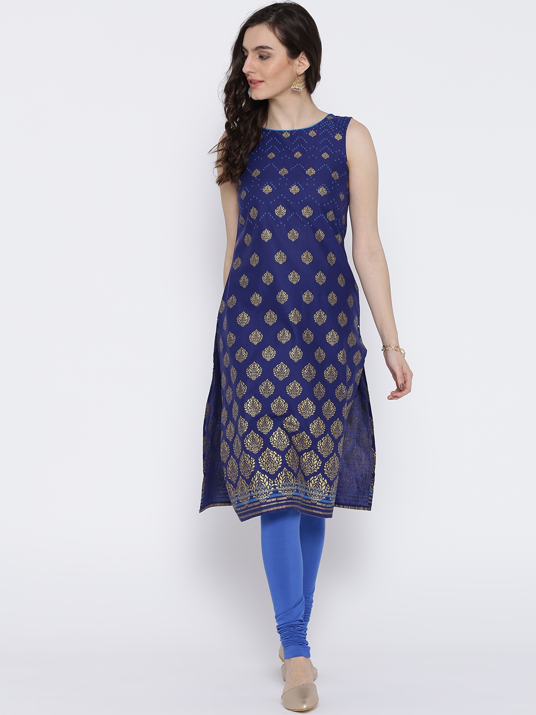 

AURELIA Women Navy & Golden Printed Straight Kurta, Navy blue