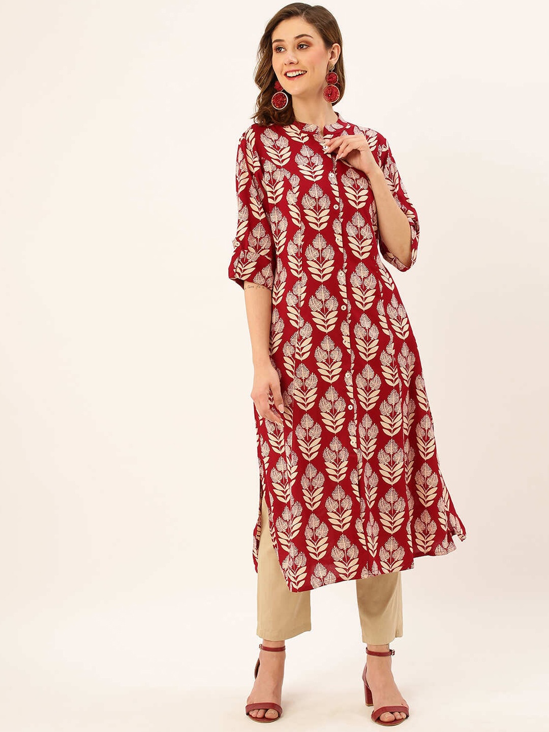 

ZOLA Maroon Floral Printed Roll Up Sleeves Mandarin Collar Kurta