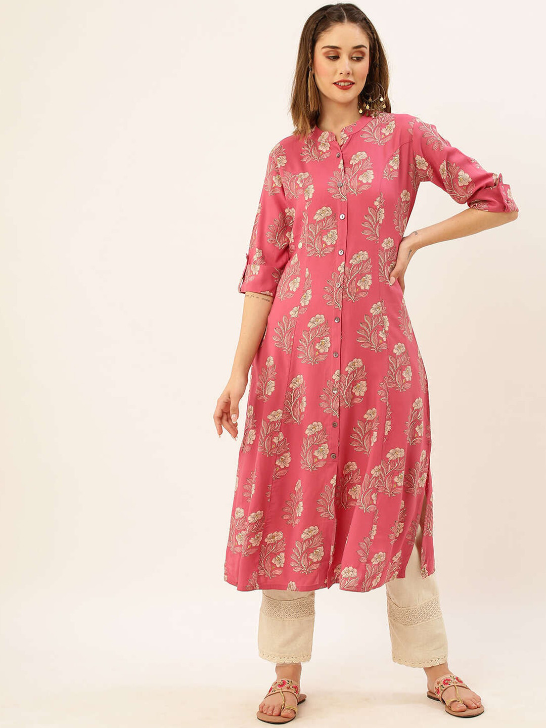 

ZOLA Pink Floral Printed Roll Up Sleeves Mandarin Collar Kurta