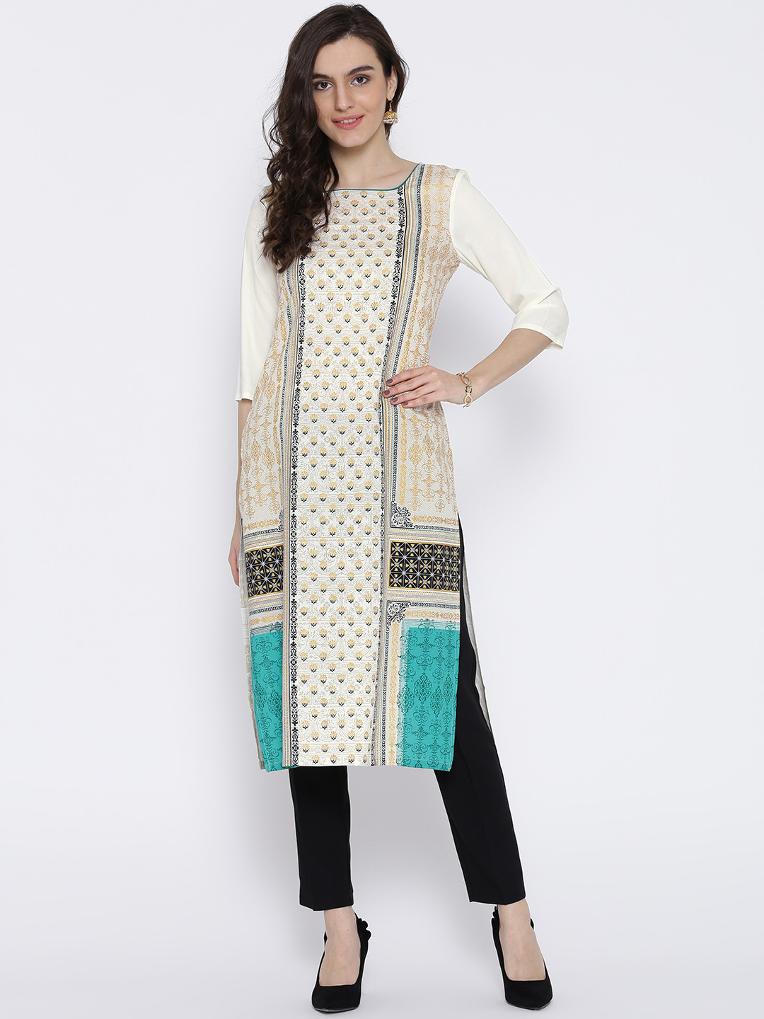

AURELIA Women Off-White & Grey Printed Straight Kurta