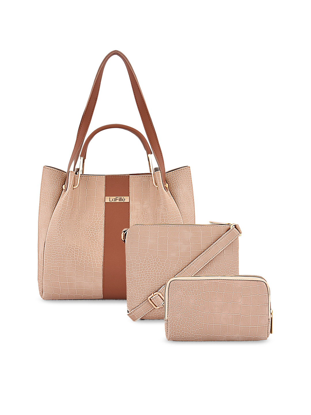 

LaFille Set Of 3 Textured Structured Handheld Bag, Beige