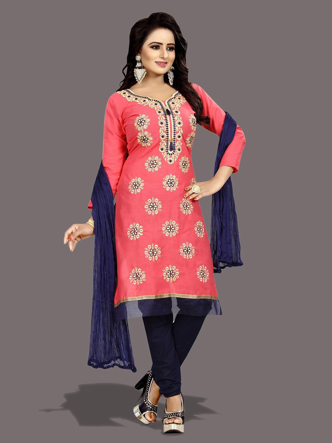 

APNISHA Ethnic Motifs Embroidered Unstitched Dress Material, Pink