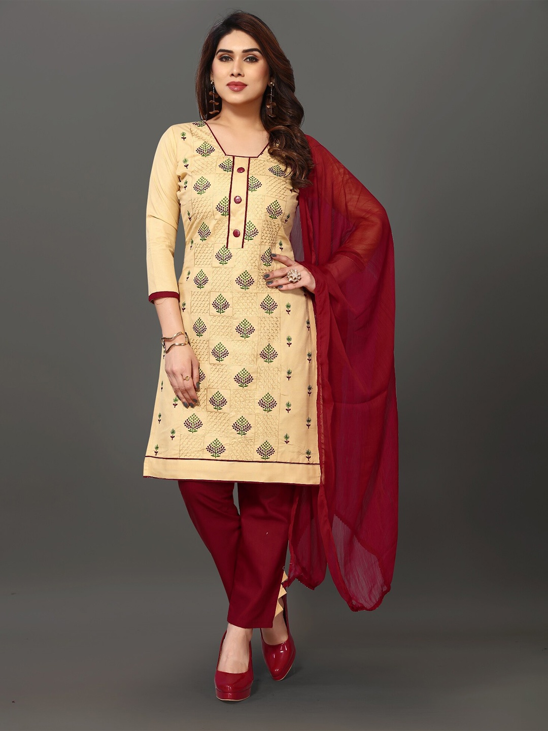 

APNISHA Floral Embroidered Unstitched Dress Material, Cream