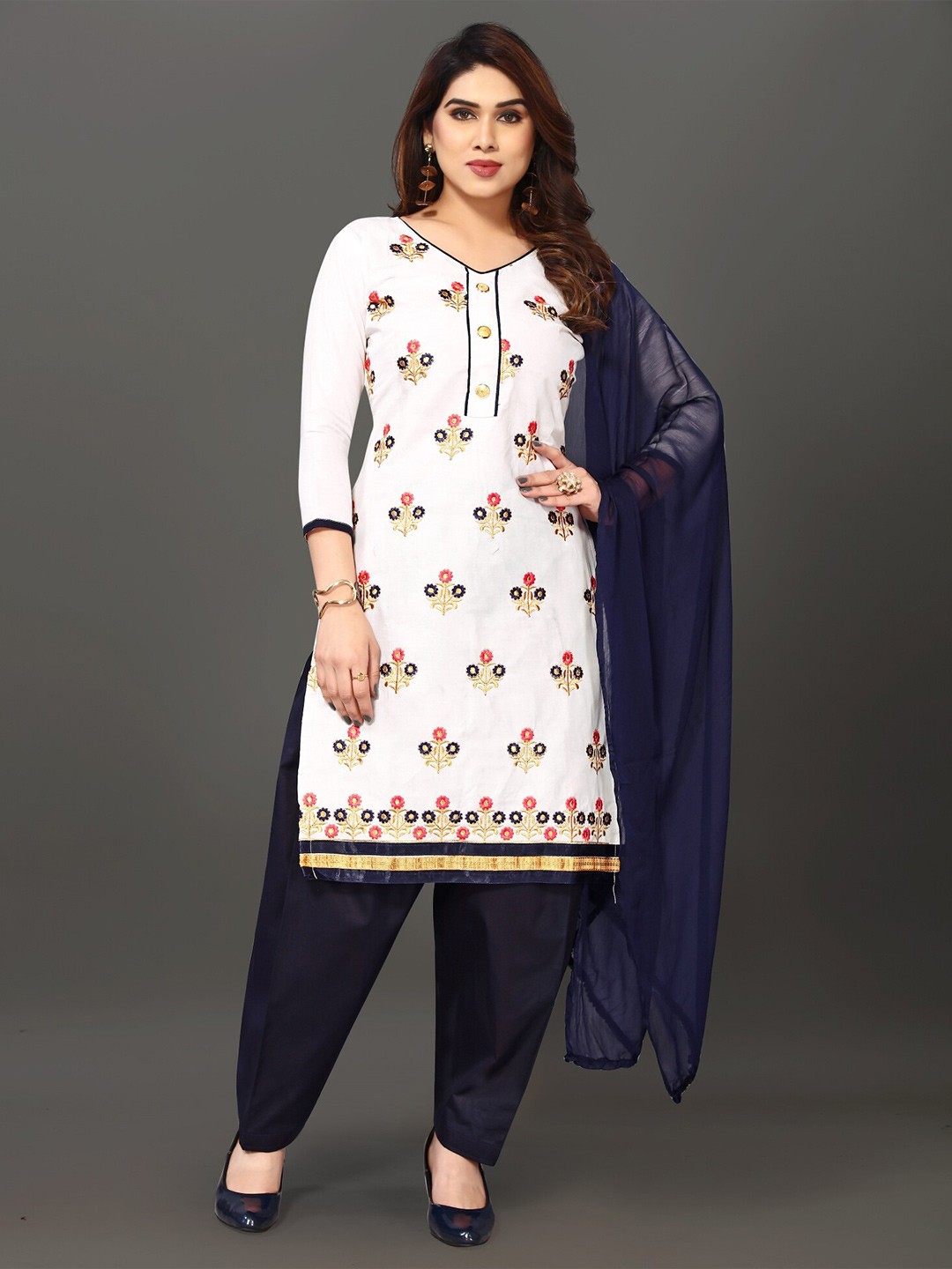 

APNISHA Floral Embroidered Unstitched Dress Material, White