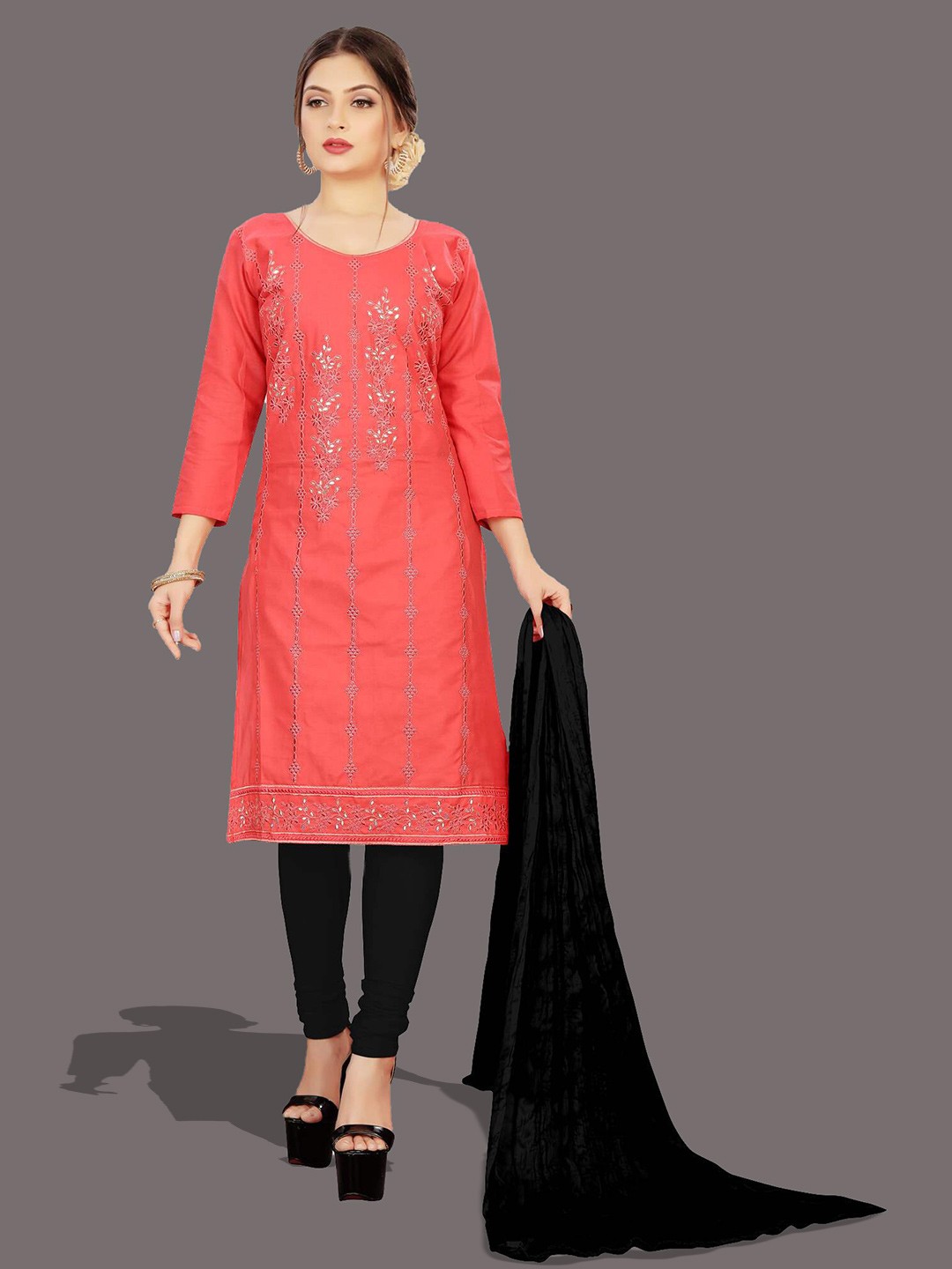 

APNISHA Ethnic Motifs Embroidered Unstitched Dress Material, Pink