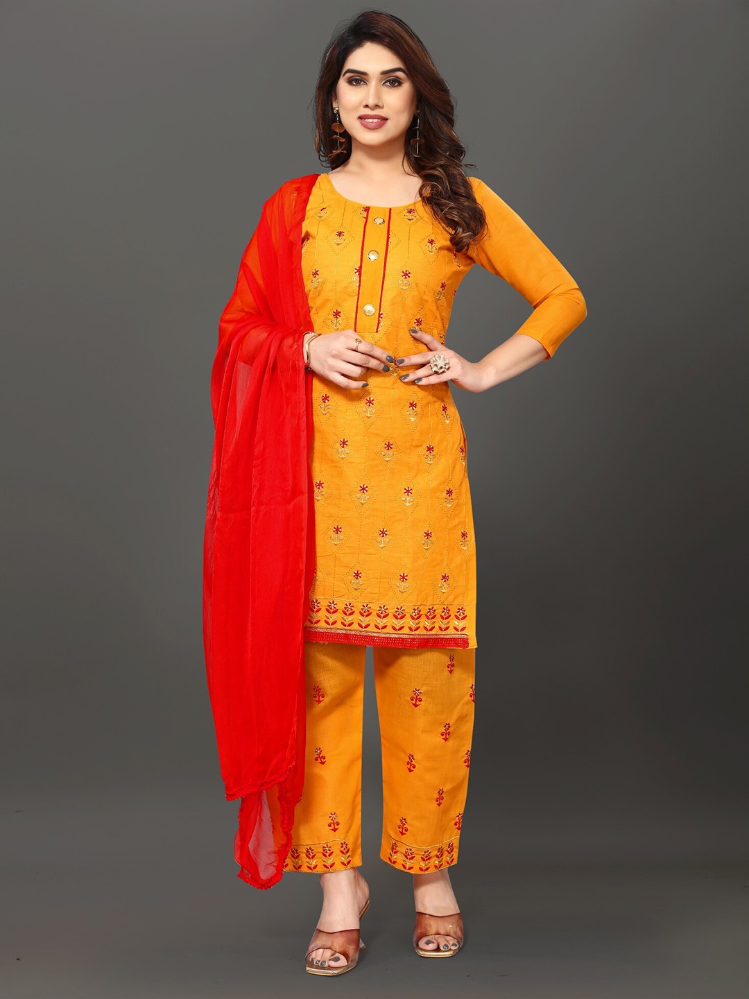 

APNISHA Floral Embroidered Unstitched Dress Material, Yellow