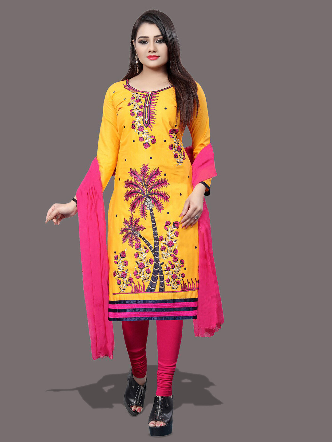 

APNISHA Tropical Embroidered Unstitched Dress Material, Yellow