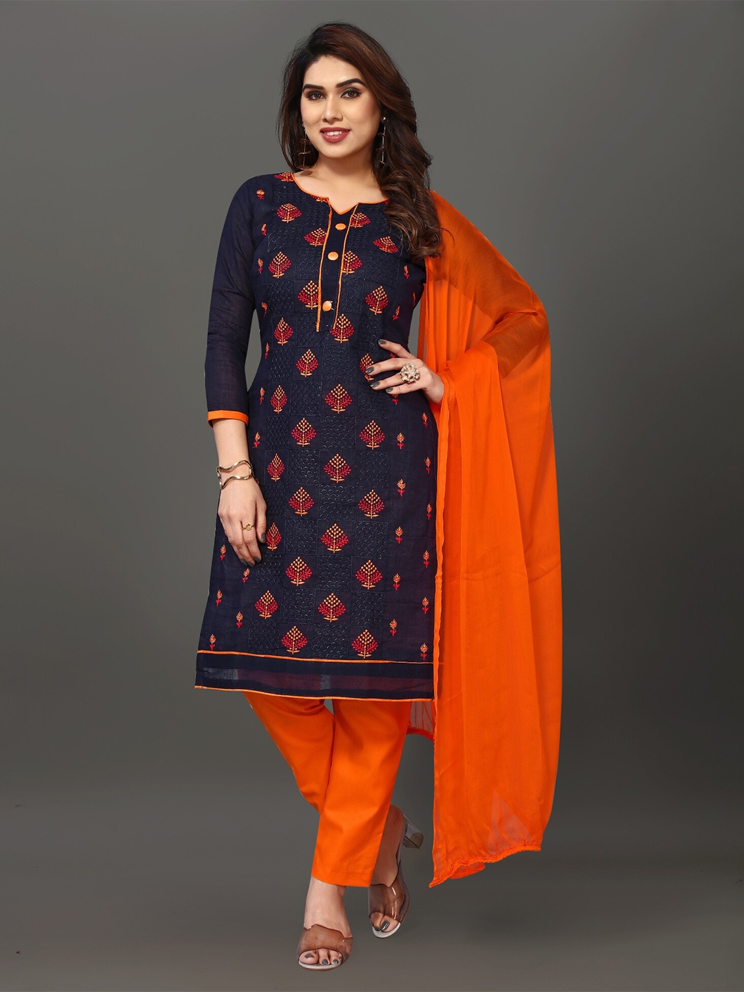 

APNISHA Embroidered Unstitched Dress Material, Navy blue