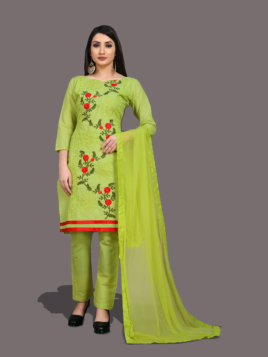 

APNISHA Floral Embroidered Unstitched Dress Material, Green