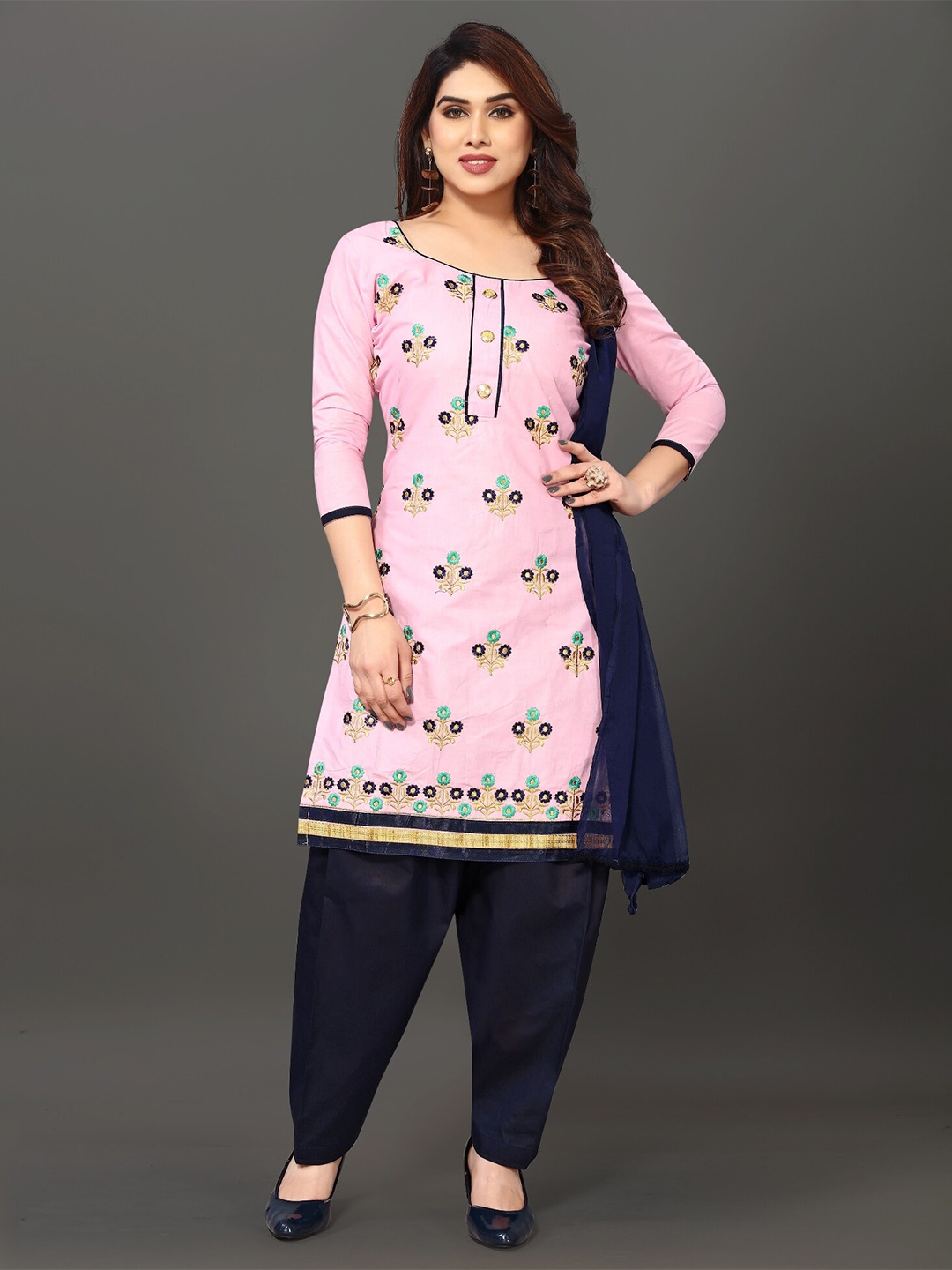

APNISHA Floral Embroidered Unstitched Dress Material, Pink