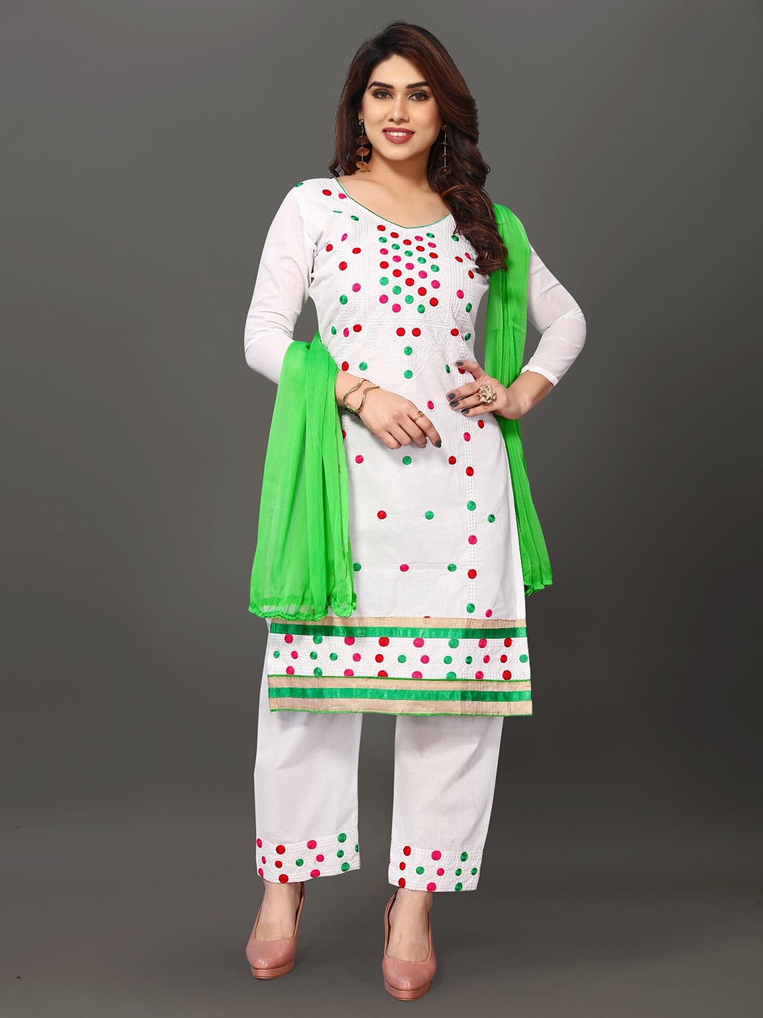 

APNISHA Floral Embroidered Unstitched Dress Material, White