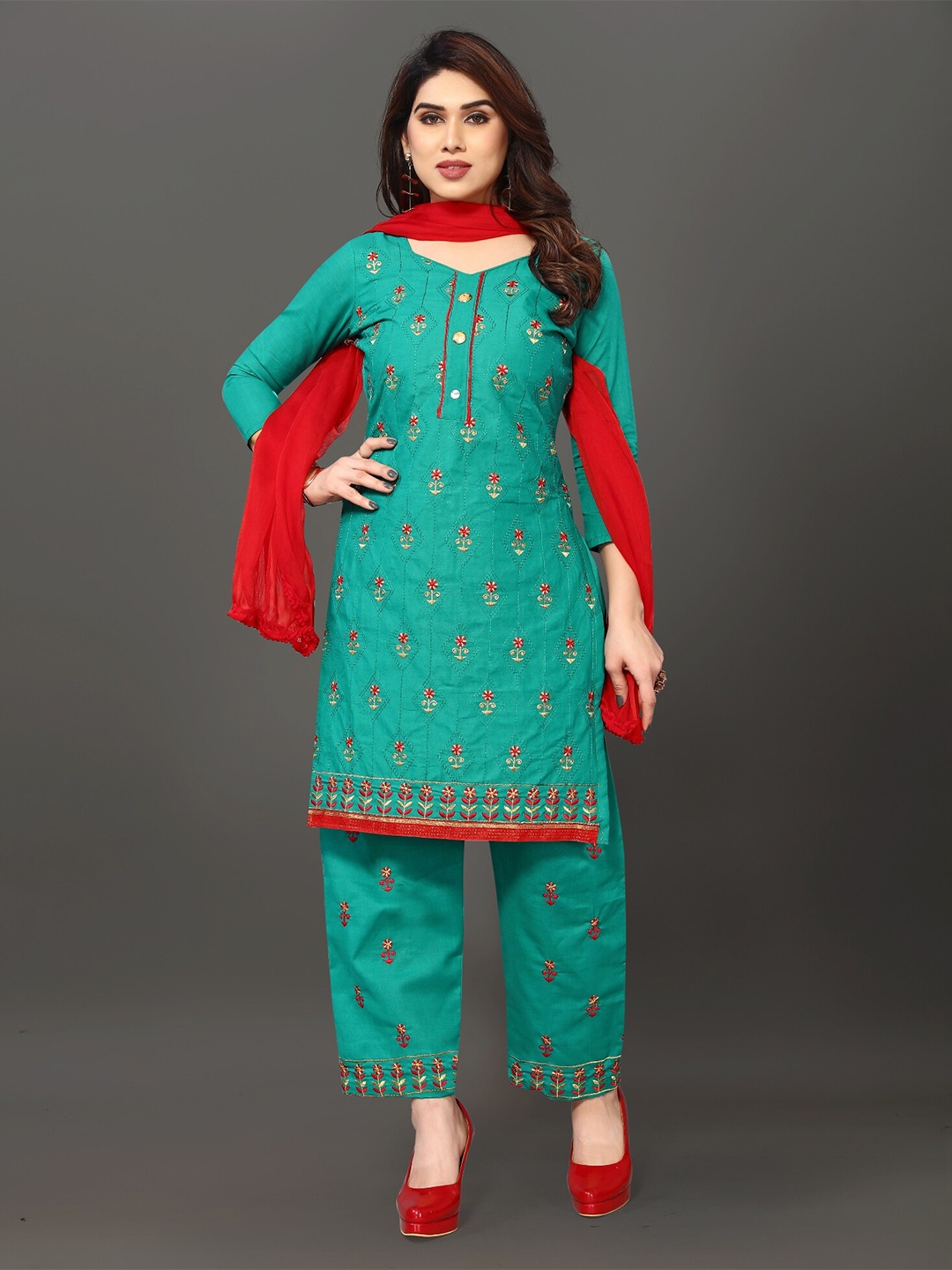

APNISHA Floral Embroidered Dress Material, Green