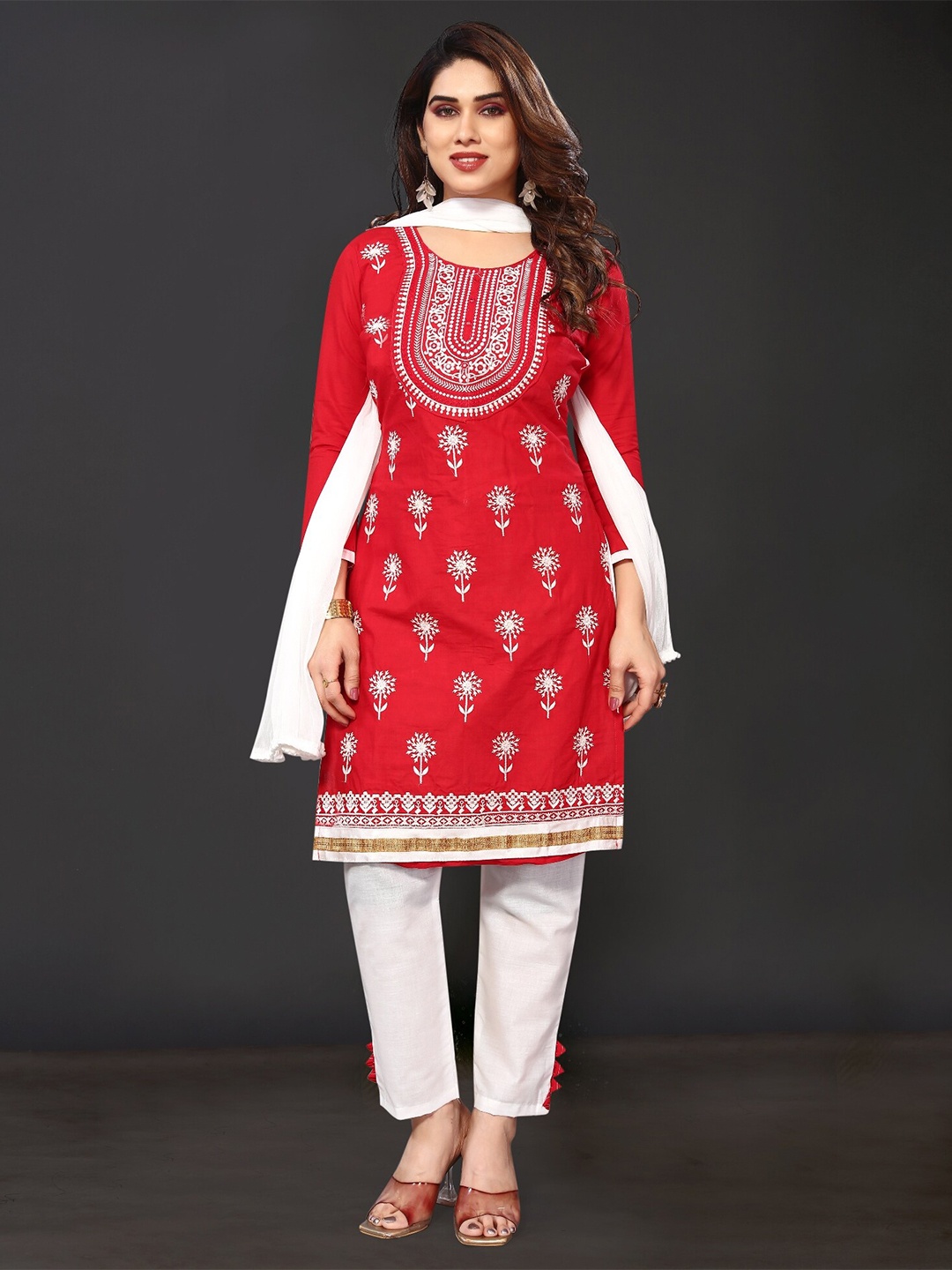 

APNISHA Floral Embroidered Unstitched Dress Material, Red