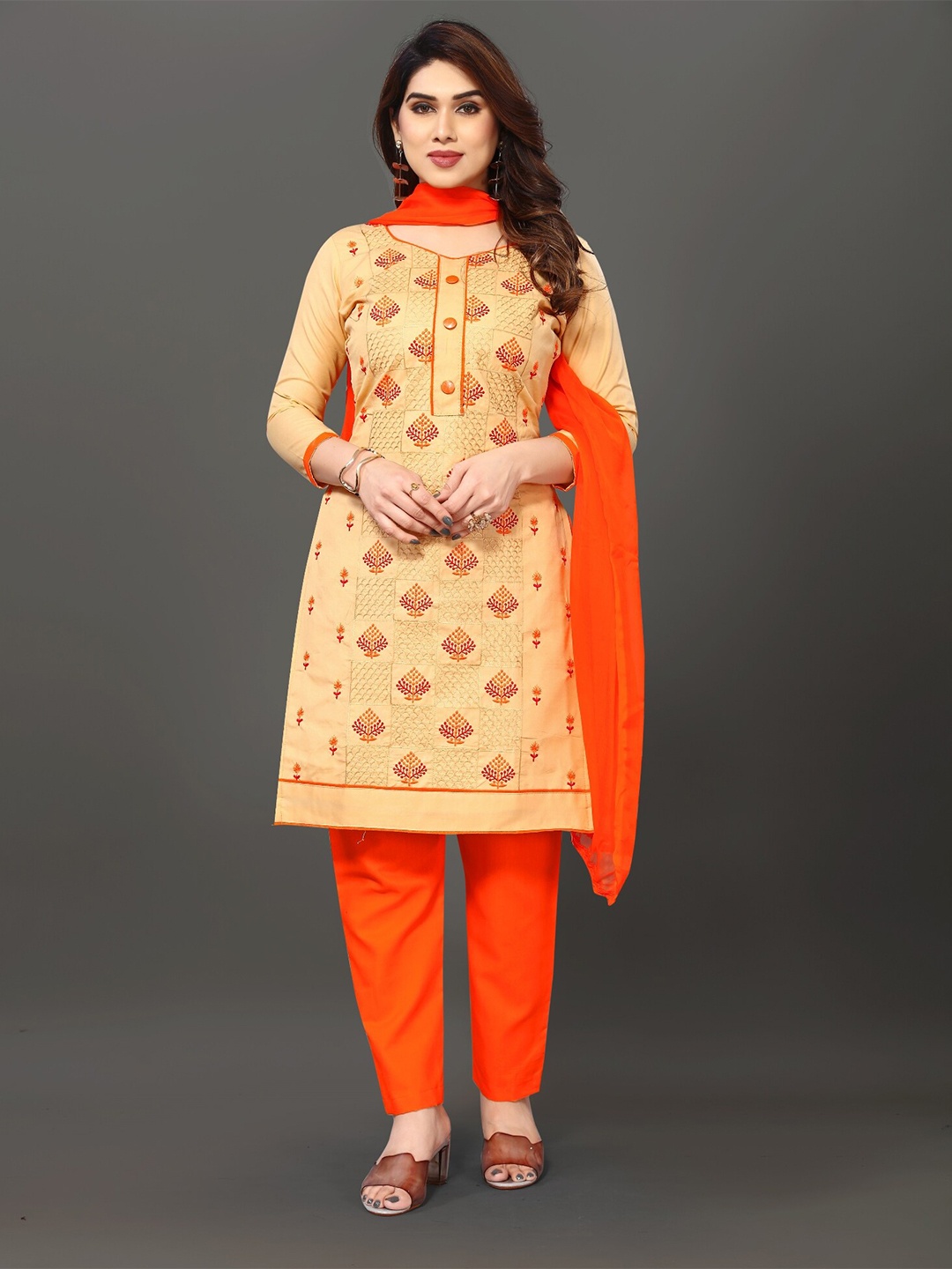 

APNISHA Floral Embroidered Unstitched Dress Material, Beige