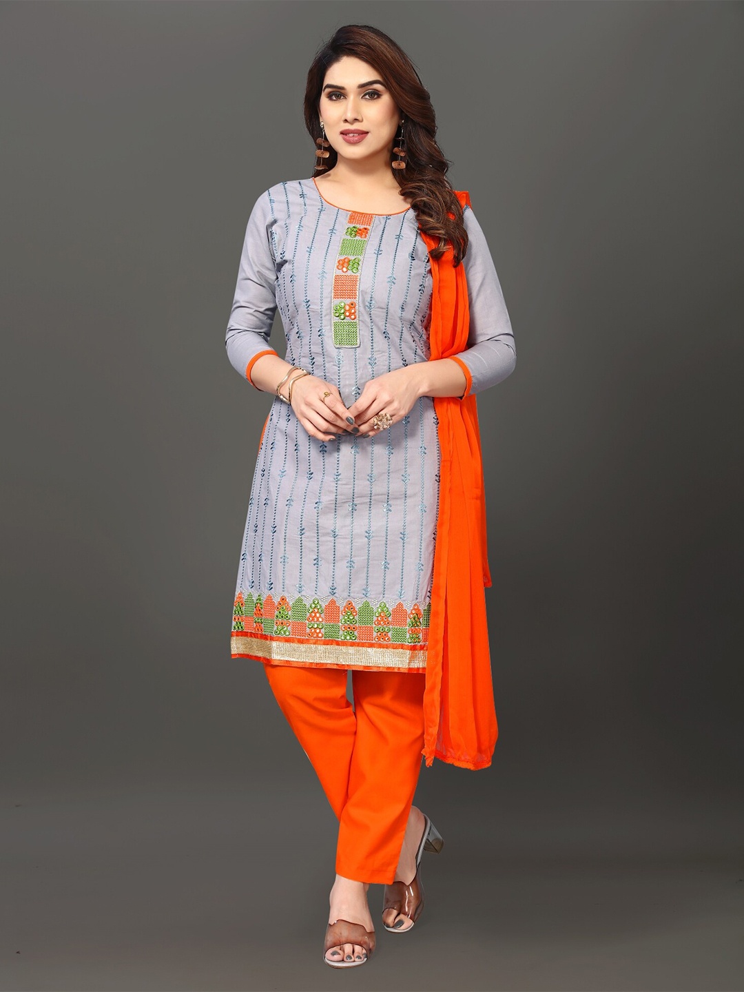 

APNISHA Embroidered Unstitched Dress Material, Silver