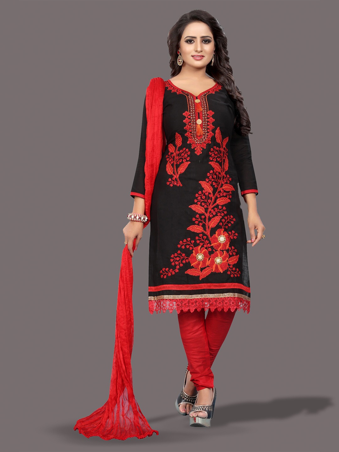 

APNISHA Floral Embroidered Sequined Unstitched Dress Material, Black