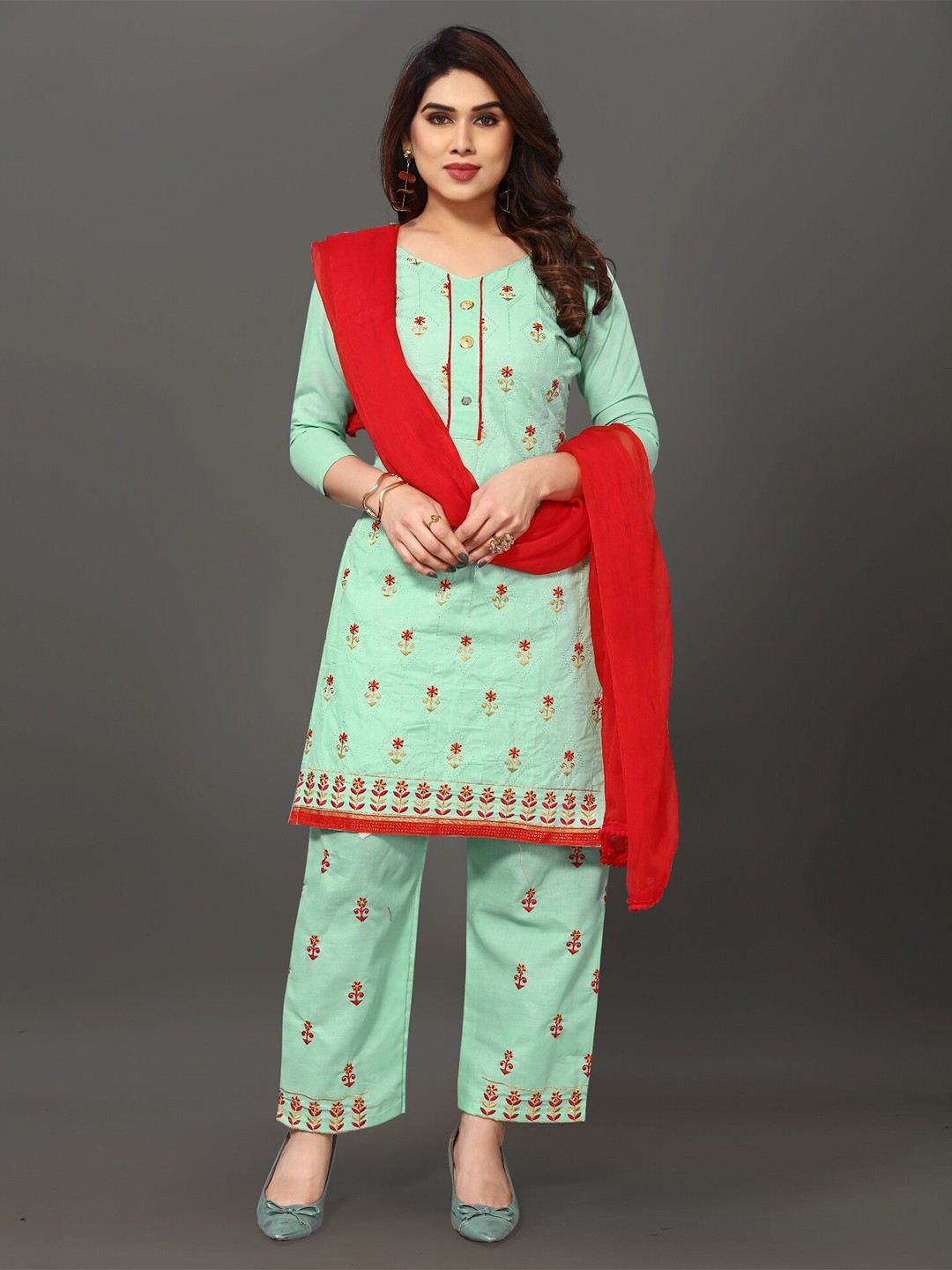 

APNISHA Floral Embroidered Unstitched Dress Material, Sea green
